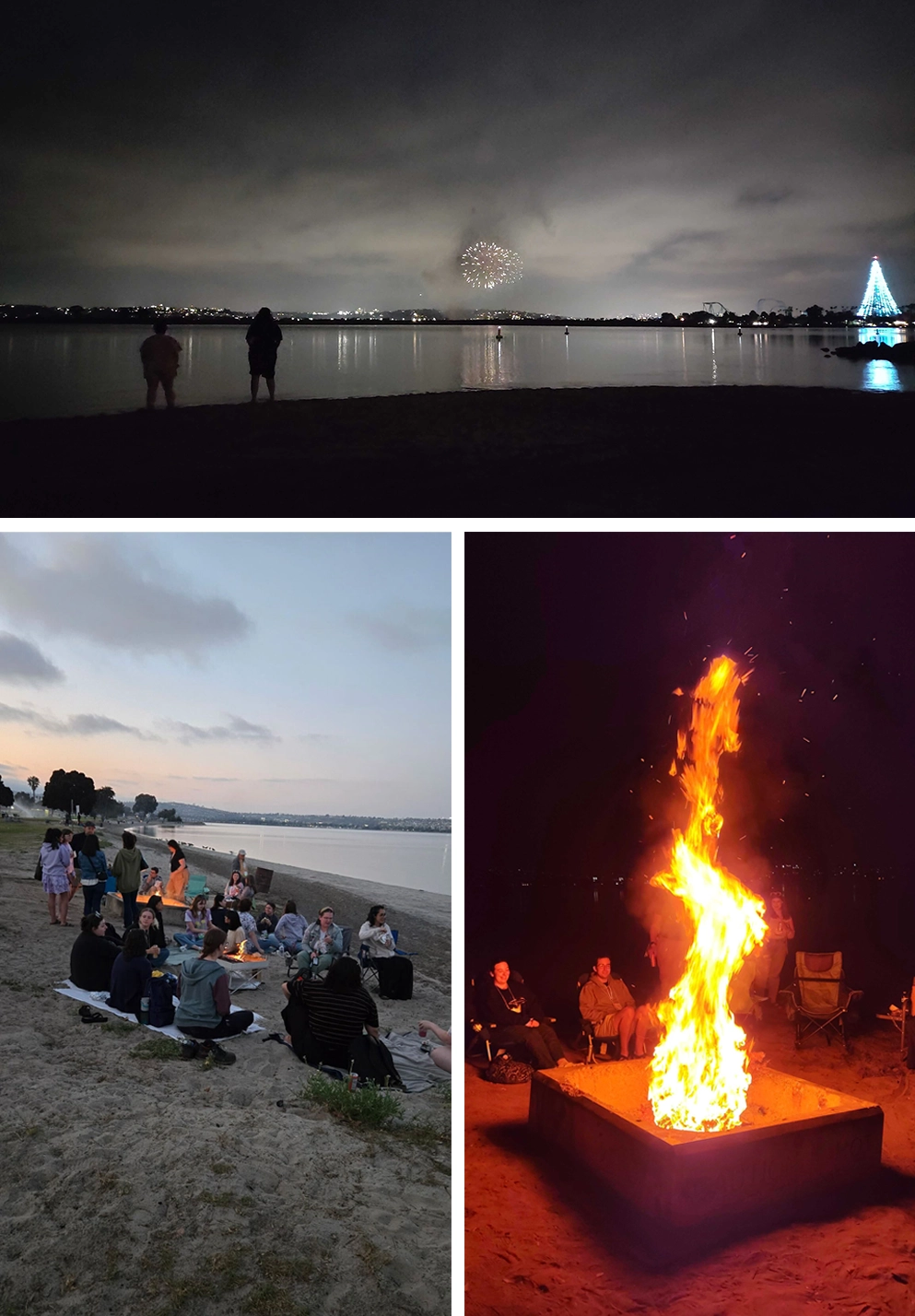 Triptych of a lakeside celebration showing fireworks over water, beachgoers gathered at dusk, and people around a bonfire.