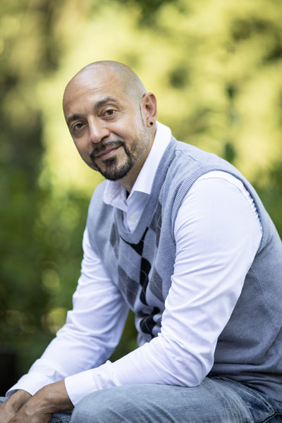 A man with a shaved head