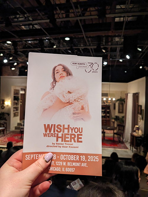Theatergoer holding a program for the play "WISH YOU WERE HERE" in front of a stage set. The program features a woman with a fluffy white dog and includes performance details and a theater company logo. The stage behind shows a living room set with audience members seated, awaiting the show.